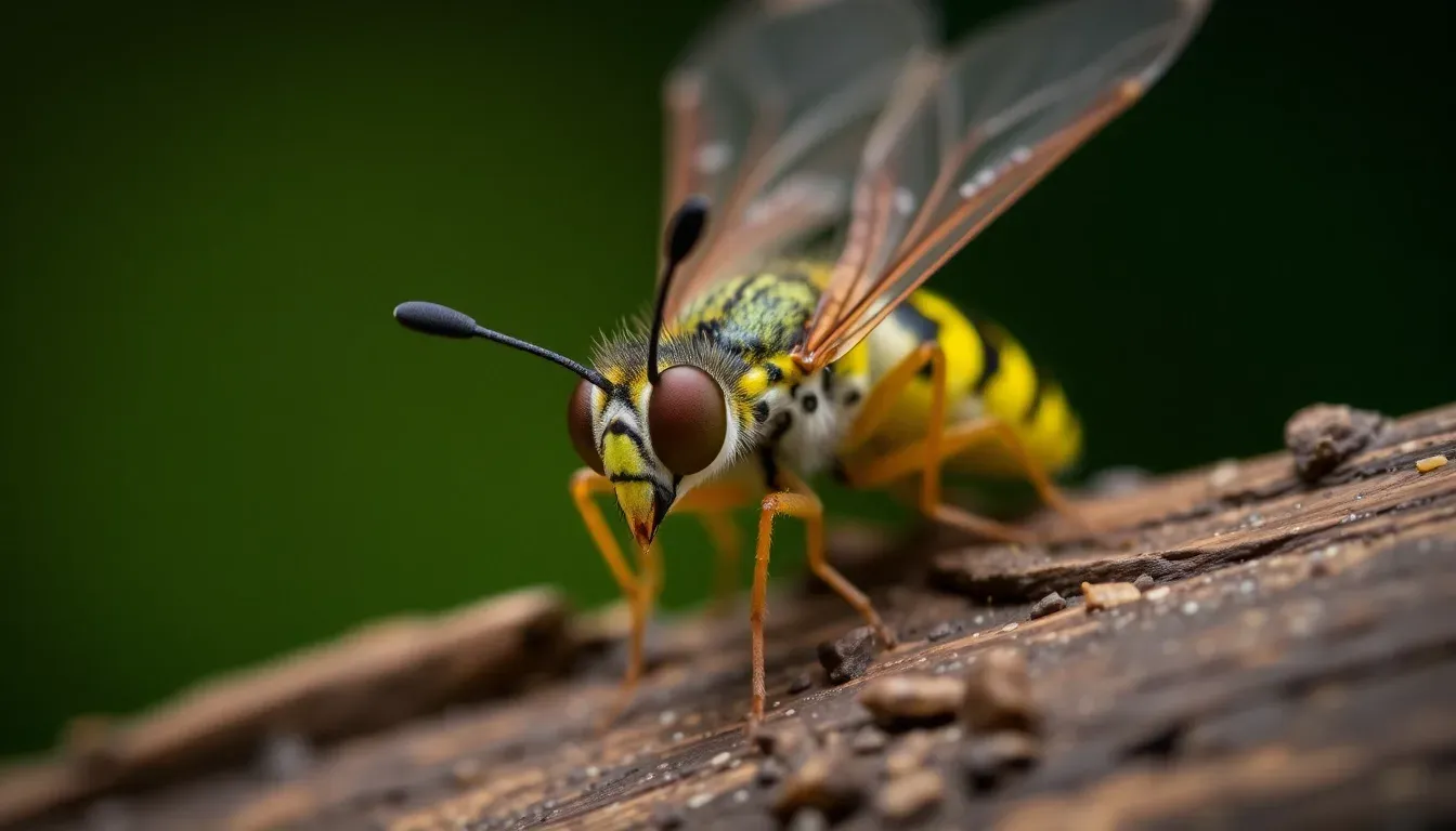 Guêpe photographiée en macro sur une écorce, ailes et yeux composés nettement détaillés